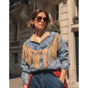 NWOT Savanna Jane Women's Suede Fringe Boho Denim Jean Jacket Size Small